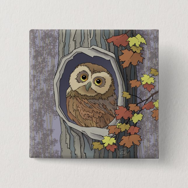 Autumn Owl and Fall Colours Button (Front)