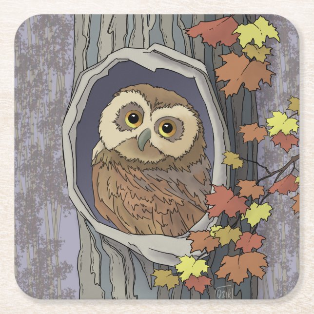 Autumn Owl and Fall Colours   Square Paper Coaste Square Paper Coaster (Front)