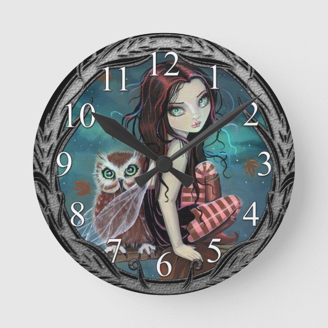 Autumn Owl Fairy Fantasy Art Wall Clock (Front)