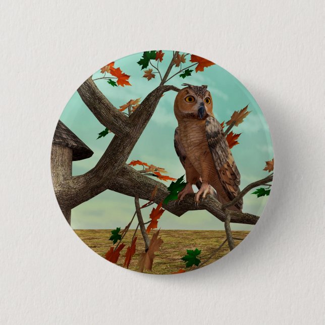 Autumn Owl Maple Tree Wildlife Art 2 Inch Round Button (Front)