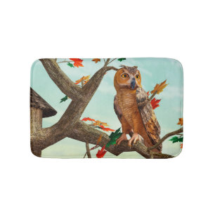 Autumn Owl Maple Tree Wildlife Art Bath Mat