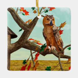 Autumn Owl Maple Tree Wildlife Art Ceramic Ornament