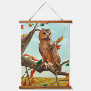 Autumn Owl Maple Tree Wildlife Art Hanging Tapestry