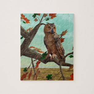 Autumn Owl Maple Tree Wildlife Art Jigsaw Puzzle