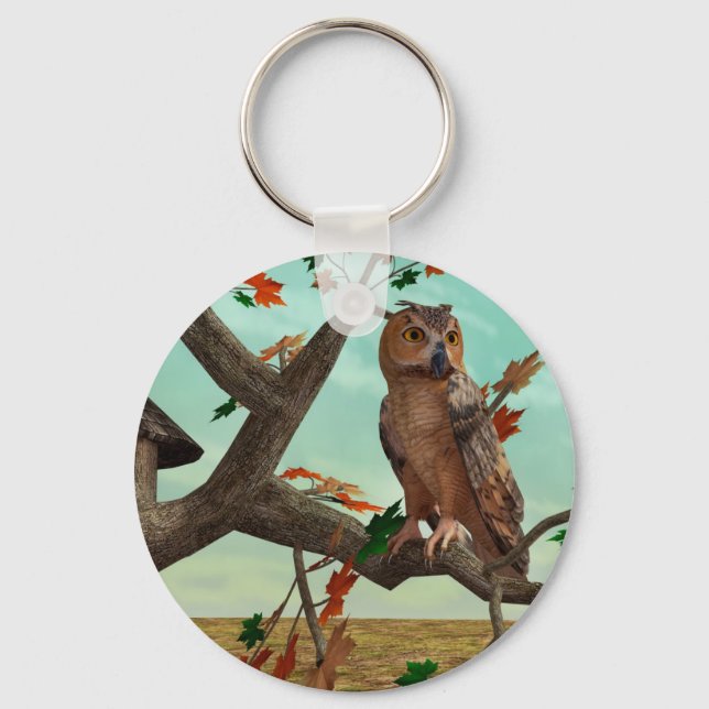 Autumn Owl Maple Tree Wildlife Art Keychain (Front)