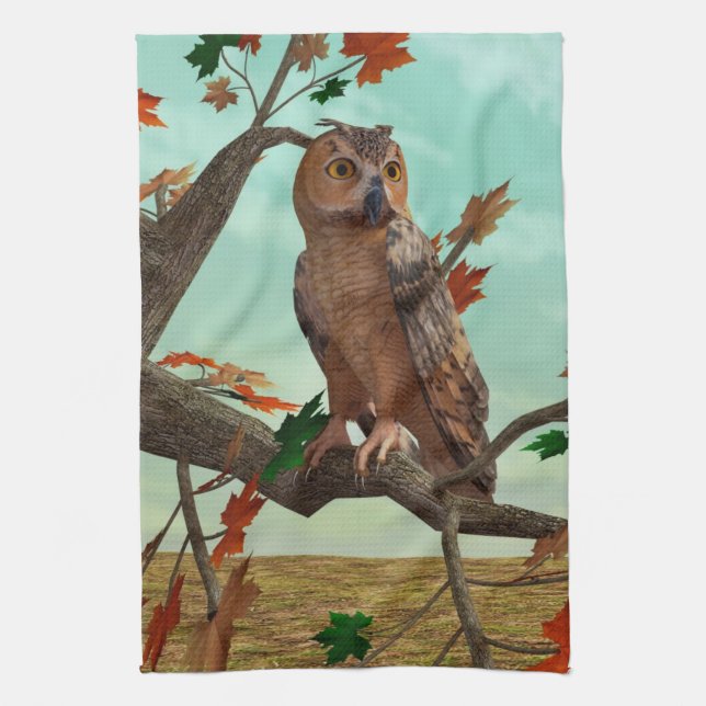 Autumn Owl Maple Tree Wildlife Art Kitchen Towel (Vertical)