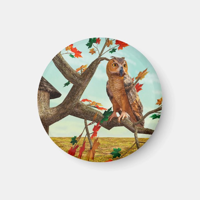 Autumn Owl Maple Tree Wildlife Art Magnet (Front)
