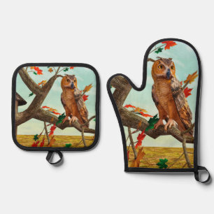 Autumn Owl Maple Tree Wildlife Art Oven Mitt & Pot Holder Set
