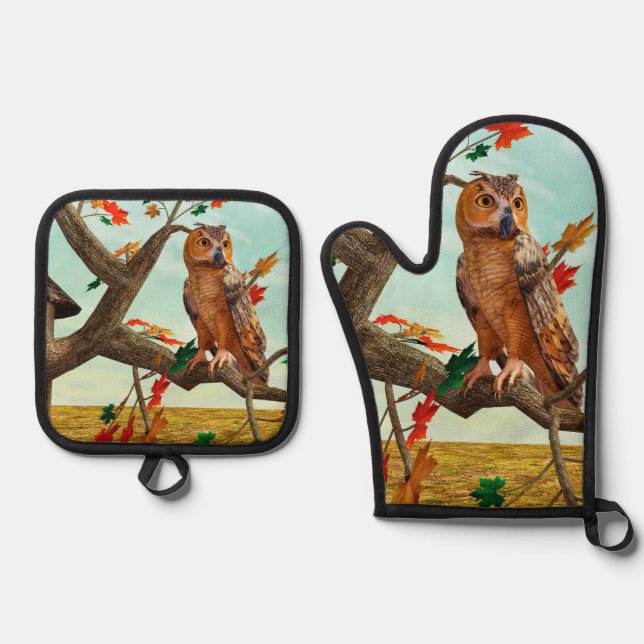 Autumn Owl Maple Tree Wildlife Art Oven Mitt & Pot Holder Set (Front)
