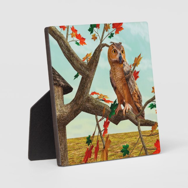 Autumn Owl Maple Tree Wildlife Art Plaque (Front)