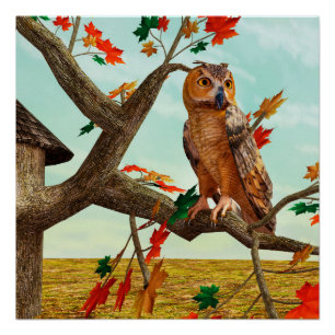 Autumn Owl Maple Tree Wildlife Art Poster