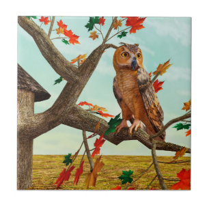 Autumn Owl Maple Tree Wildlife Art Tile
