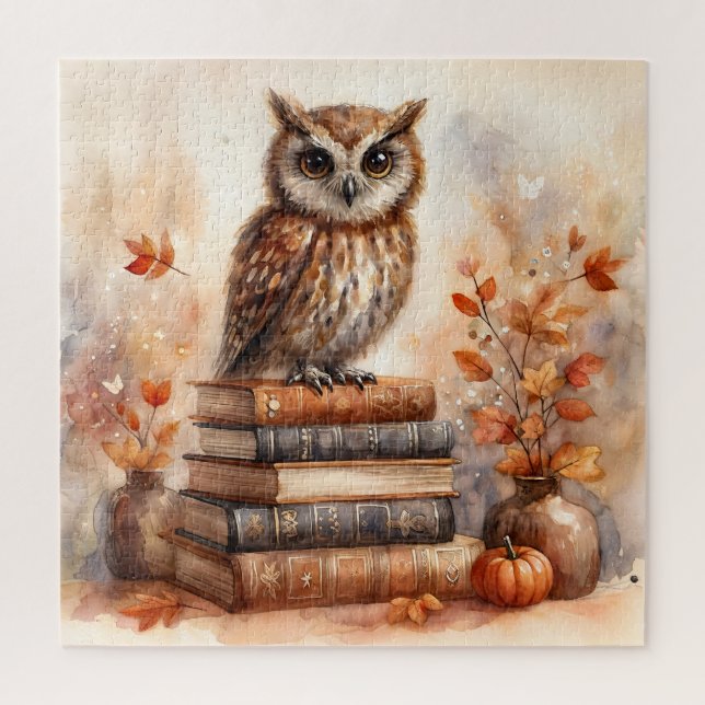 Autumn Owl on Bookstack With Fall Leaves Jigsaw Puzzle (Vertical)