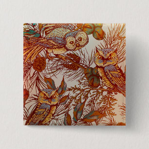 Autumn owl vintage fall pattern orange green blue 2 inch square button