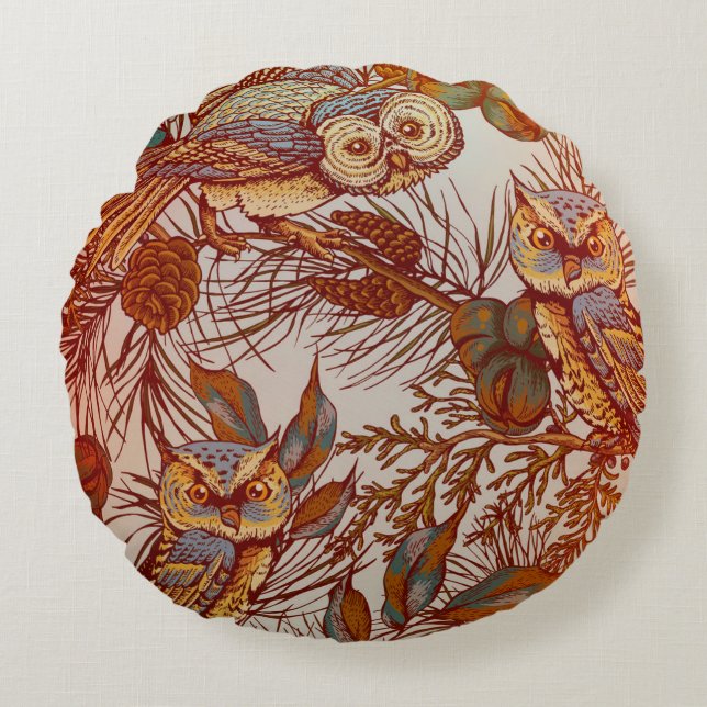 Autumn owl vintage fall round pillow (Front)