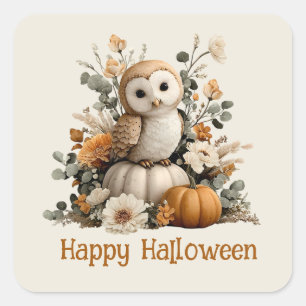 Autumn Owl with Pumpkins Halloween Art Square Sticker