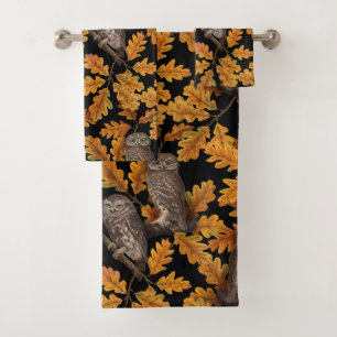 Autumn owls on black bath towel set