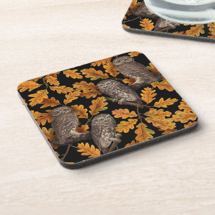 Autumn owls on black coaster