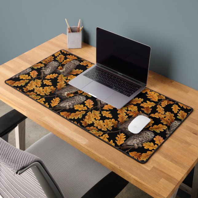 Autumn owls on black desk mat (Office 2)