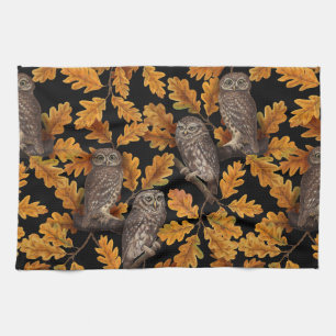 Autumn owls on black kitchen towel