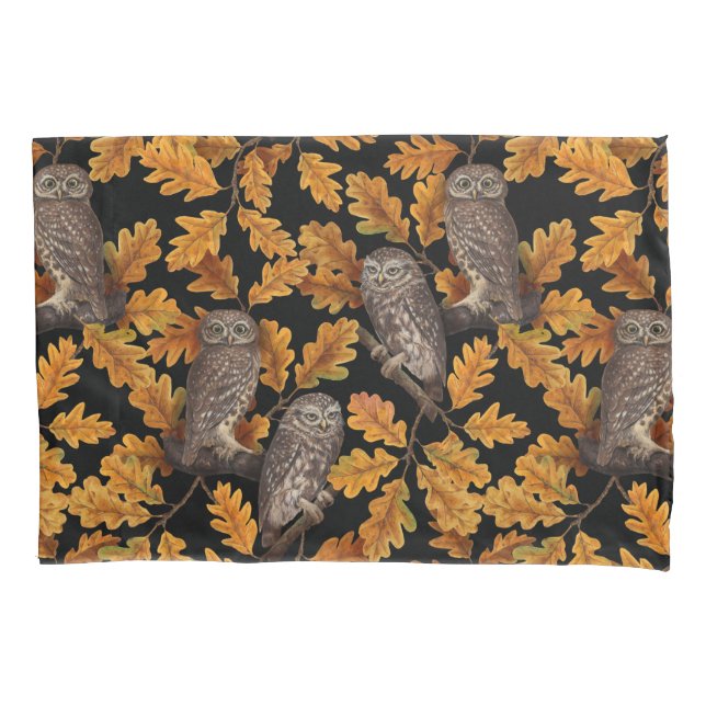Autumn owls on black pillowcase (Front-Left)