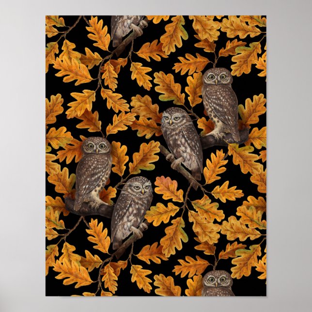 Autumn owls on black poster (Front)