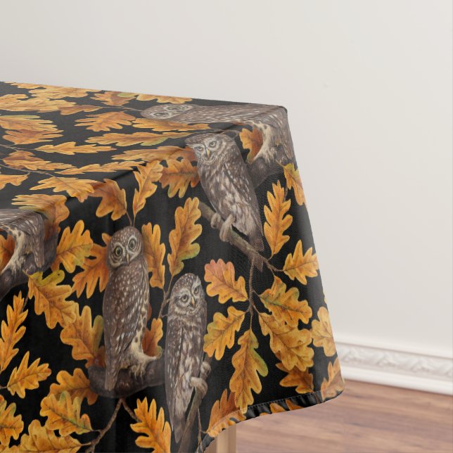 Autumn owls on black tablecloth (In Situ)