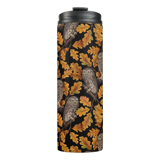 Autumn owls on black thermal tumbler (Front)