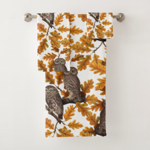 Autumn owls on cotton white bath towel set