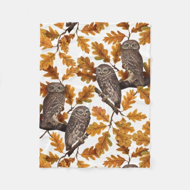 Autumn owls on cotton white fleece blanket (Front)