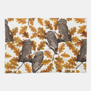 Autumn owls on cotton white kitchen towel