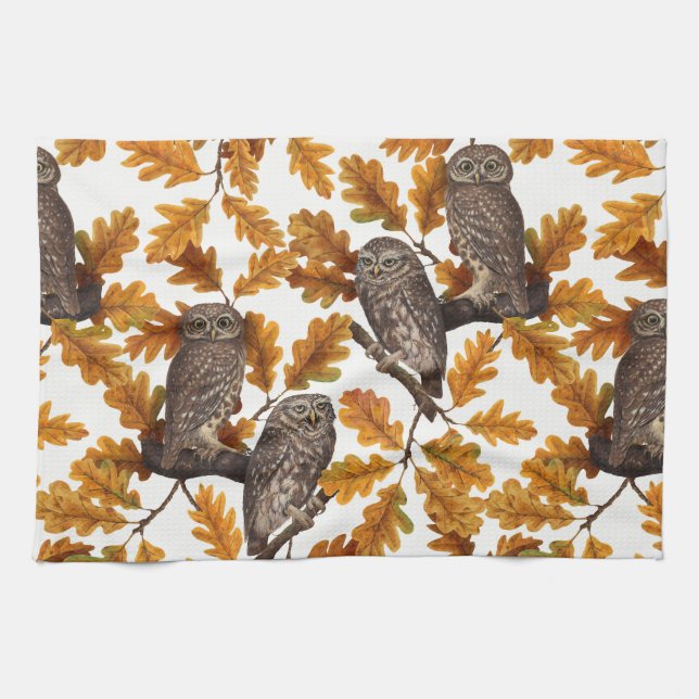 Autumn owls on cotton white kitchen towel (Horizontal)