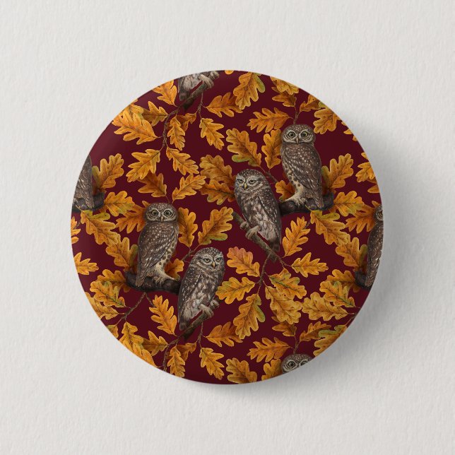 Autumn owls on dark red 2 inch round button (Front)