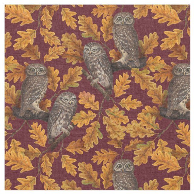 Autumn owls on dark red fabric (Close Up)