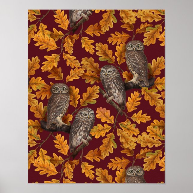 Autumn owls on dark red poster (Front)