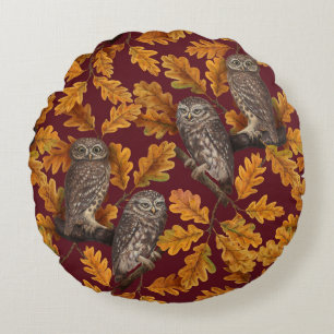Autumn owls on dark red round pillow
