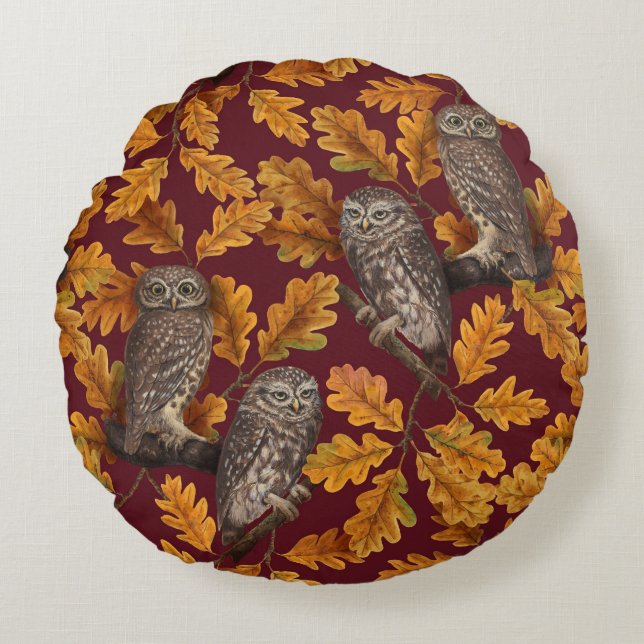 Autumn owls on dark red round pillow (Front)