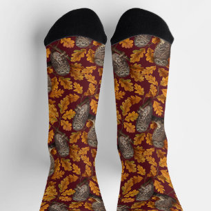 Autumn owls on dark red socks