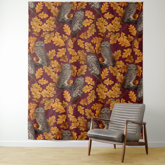 Autumn owls on dark red tapestry (In Situ)