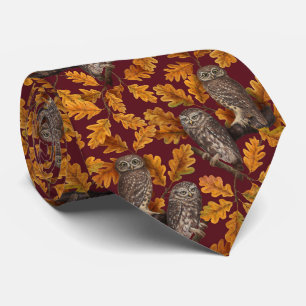 Autumn owls on dark red tie