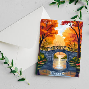 Autumn Park Bridge Fall Foliage Watercolor Card