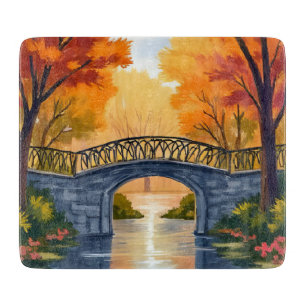 Autumn Park Bridge   Fall Foliage Watercolor Cutting Board