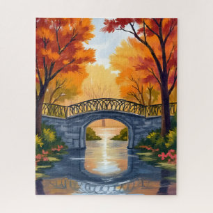 Autumn Park Bridge Fall Foliage Watercolor Jigsaw Puzzle