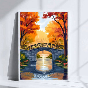 Autumn Park Bridge   Fall Foliage Watercolor Poster