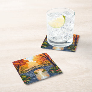Autumn Park Bridge Fall Foliage Watercolor Square Paper Coaster