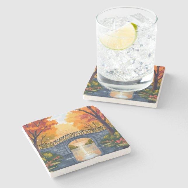 Autumn Park Bridge | Fall Foliage Watercolor Stone Coaster (Side)