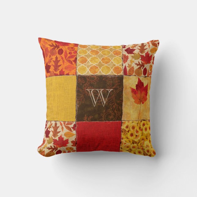 Autumn Patchwork Monogram Throw Pillow (Front)
