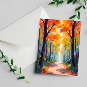 Autumn Path Fall Foliage Painting Holiday Card