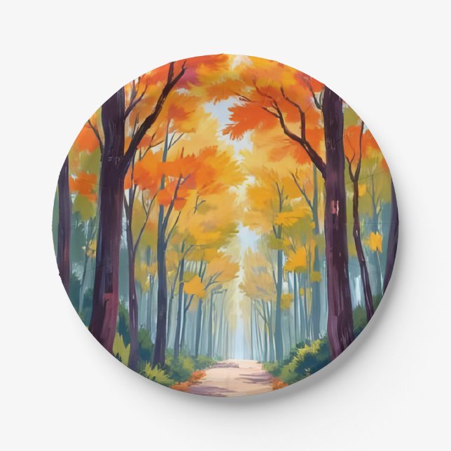 Autumn Path Fall Foliage Painting Paper Plate (Front)
