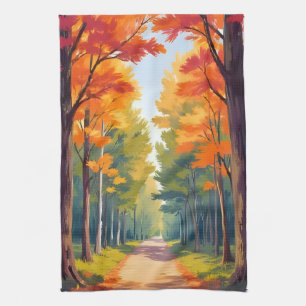 Autumn Path Fall Foliage Watercolor Landscape Kitchen Towel